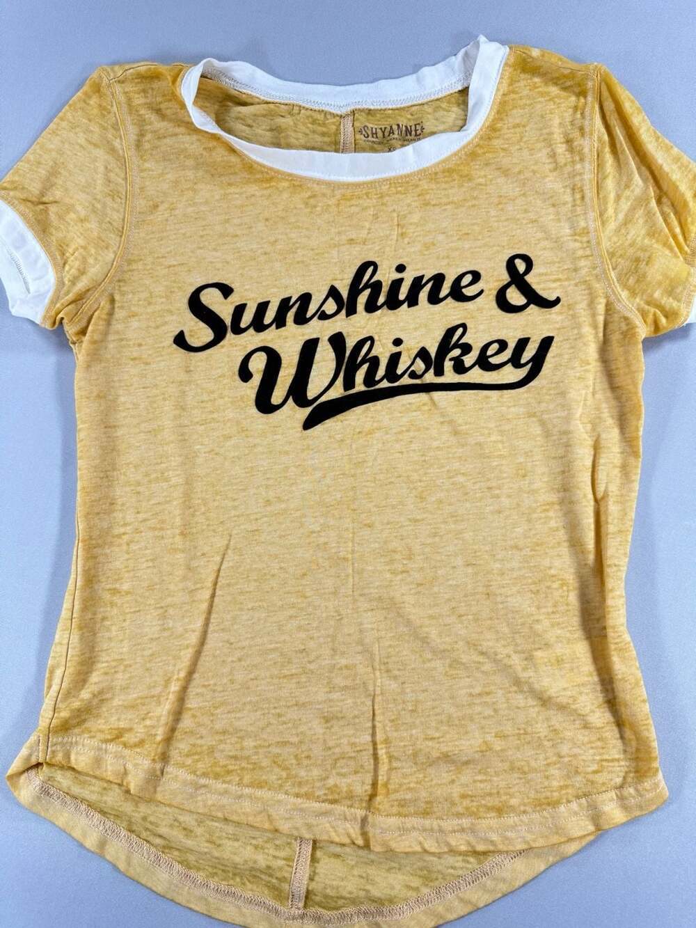 Shyanne Women's Sunshine & Whiskey Yellow Burnout Short Sleeve Graphic Tee Size